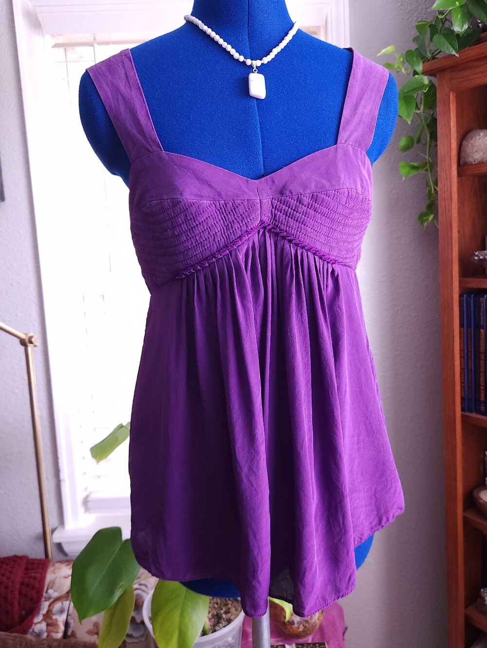 Black Halo 100% Silk Purple Smocked Babydoll Empire Waist Top Size M